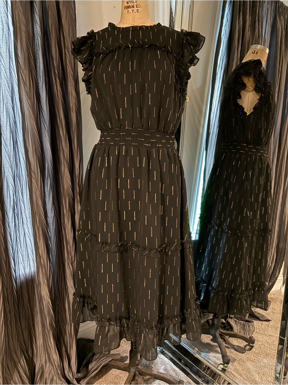 CeCe Black Midi Dress with Gold Metallic Accents